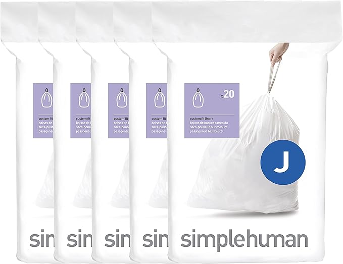 simplehuman Code J 100 Count Dispenser Pack Custom Fit Liners Drawstring Trash Bags 30-45 Liter / 8-12 Gallon White