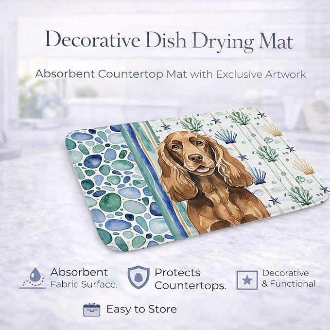 Caroline's Treasures Liver English Cocker Spaniel Coastal Sea Glass Dish Drying Mat Absorbent Dish Drying Mat Pad for Kitchen Counter Dish Drainer Mat for Countertop 14 x 21 Multicolor