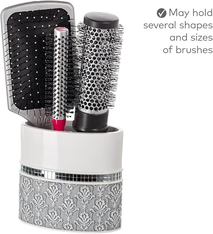Creative Scents Mirror Damask Bathroom Accessory Set Complete - Decorative 4 Piece White and Gray Bathroom Set Includes: Soap Dispenser Soap Dish Toothbrush Holder and Tumbler
