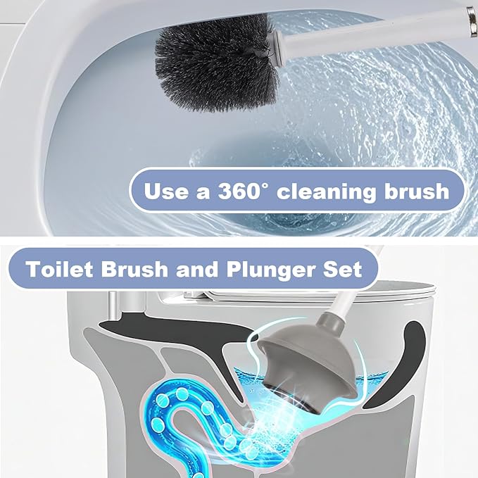 Toilet Brush and Plunger Set 4 in 1 Toilet Brush and Holder with Crevice Cleaning Brush and Clip Deep Cleaning Wall Mounted Home Bathroom Cleaning Tool Combo （Gray 1）