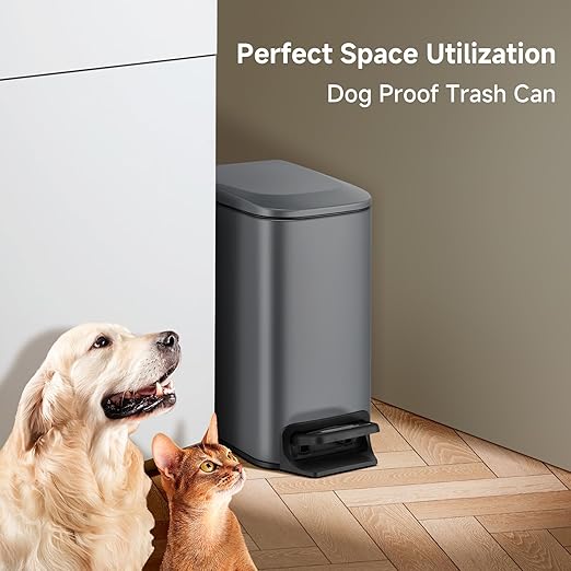 TIPGO Slim Bathroom Trash Can with Lid Soft Close 6 Liter / 1.6 Gallon Stainless Steel Garbage Can with Removable Inner Bucket Step Pedal Small Trash Cans for Bedroom Office Kitchen (Grey)