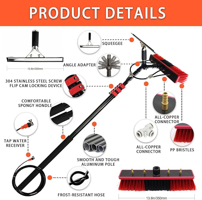 Water Fed Pole Kit Professional Solar Panel Window Cleaner W/Squeegee Telescopic Window Glass Cleaning Brush &amp Pole Kit Truck Caravan Spray Washer Washing Equipment(Size:20FT)