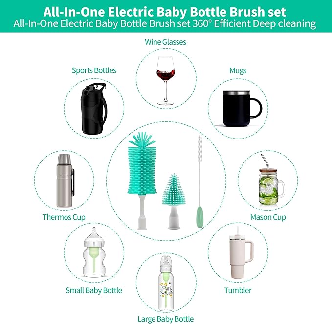 Electric Bottle Brush Cleaner Portable Electric Baby Bottle Brush Cleaner for Travel Rechargable Travel Bottle Cleaner Kit with Nipple &amp Straw Brush Perfect Mom Essentials After Birth Gift Gre