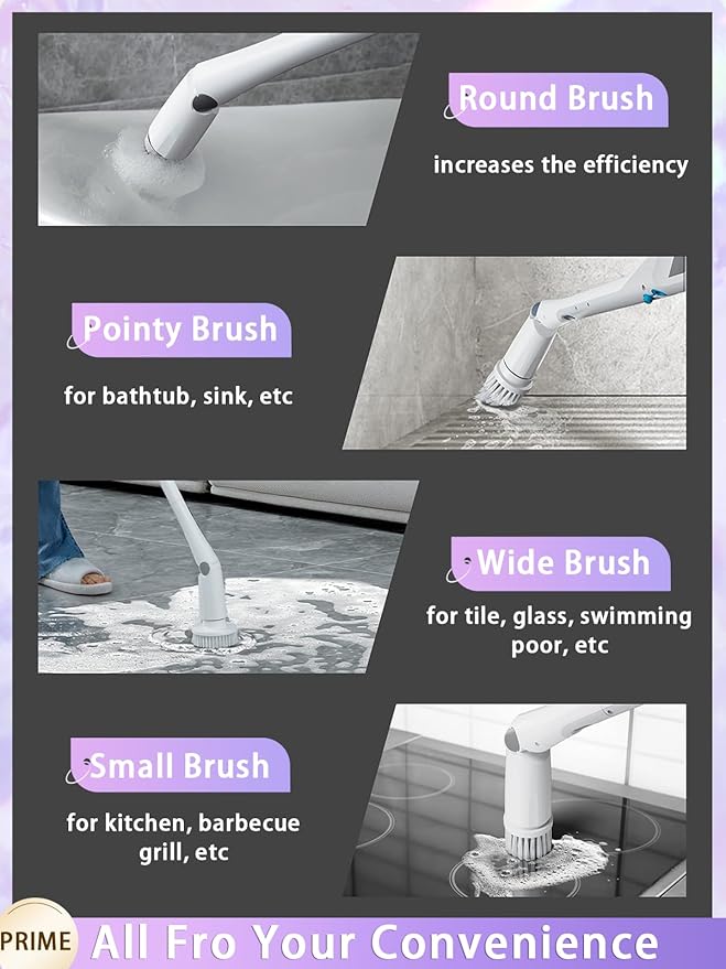Tilswall Cordless Electric Spin Scrubber - Powered Shower &amp Tile Cleaning Brush with Detachable Handle 2-Speed Modes &amp Extra Battery for Bathroom Tub/Glass/Car Windows
