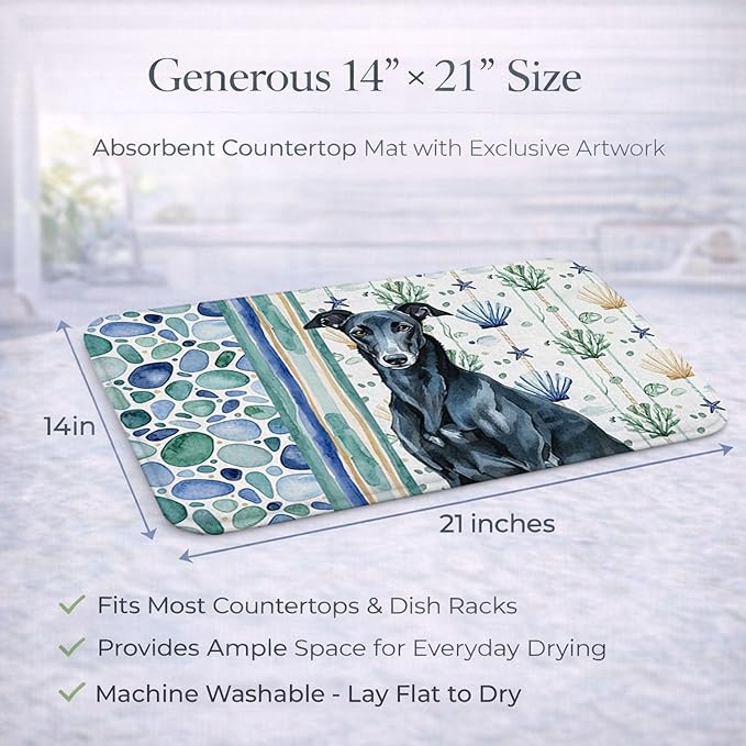 Caroline's Treasures Black Greyhound Coastal Sea Glass Dish Drying Mat Absorbent Dish Drying Mat Pad for Kitchen Counter Dish Drainer Mat for Countertop 14 x 21 Multicolor