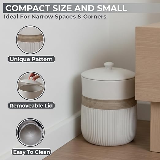 Escenzy Luxury White Bathroom Trash Can with Lid 5L | 7 x 10 | Modern Ceramic Trash Can | Decorative Waste Basket for Bathroom Bedroom Kitchen Hotels or Living Room Decor | Ideal Gift