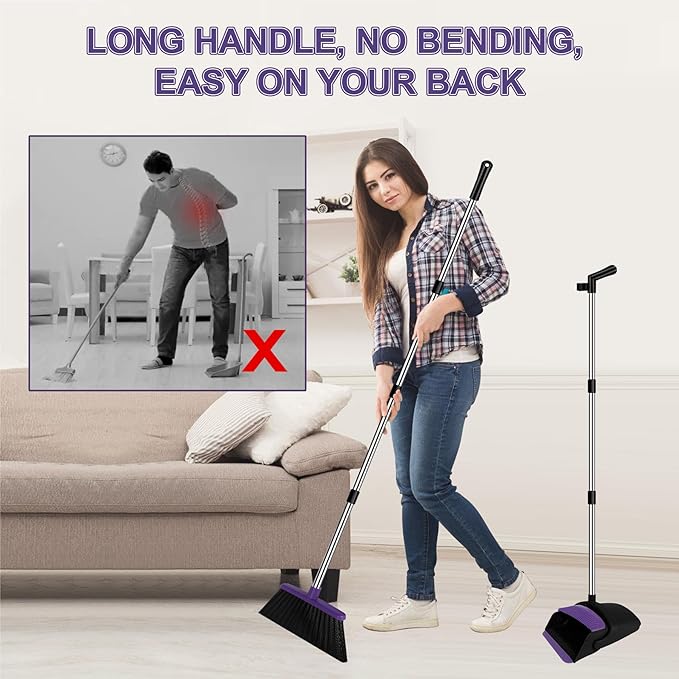 Broom with Dustpan Combo Set and Silicone Air Broom Kit 51 Long Handle Floor Squeegee Purple Household Kit for Glass Window Rugs Pet Hair Home