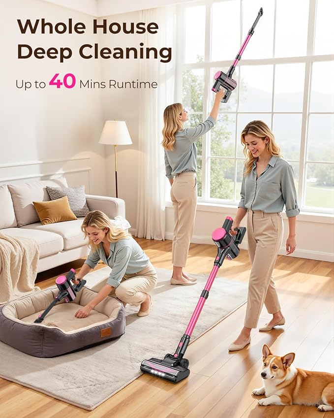 N8 Cordless Vacuum Cleaner Lightweight Stick Vacuum with Powerful Suction 2200mAh Battery 40 Mins Runtime Self-Standing Rechargeable Vacuum Cleaners for Home Hardwood Floor Carpet Pet Hair