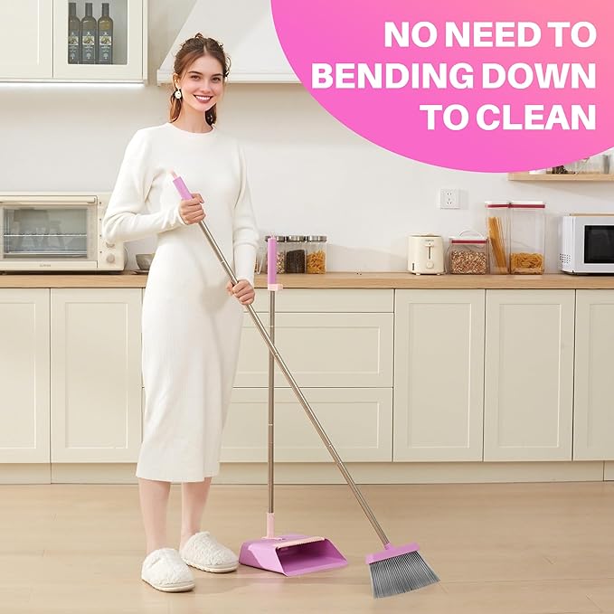 JOYMOOP Pink Broom and Dustpan Set Upright Angle with Built-in Comb Teeth for Kitchen Lobby Pet Hair and Hard Floors