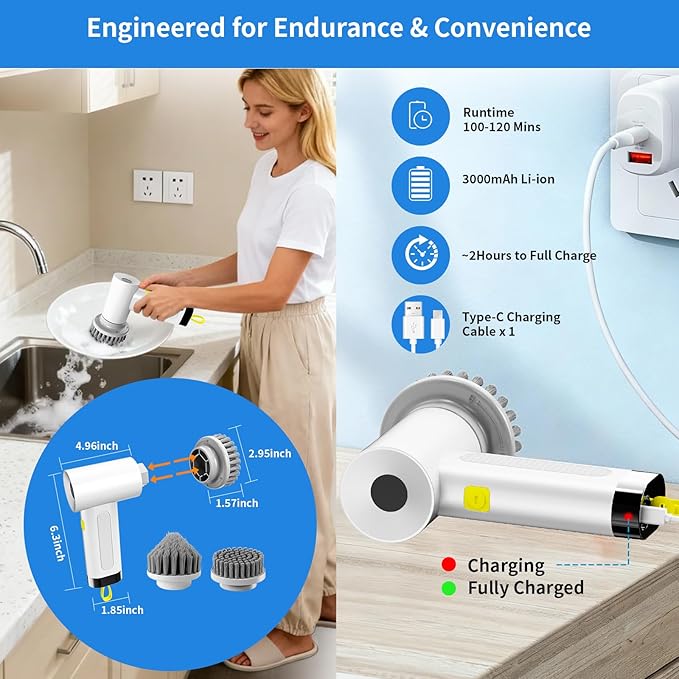 3000mAh Cordless Electric Spin Scrubber 20W High-Torque IPX7 Waterproof Cleaning Brush with 6 Replaceable Heads Dual Speed 150-180 Mins Runtime for Kitchen Bathroom Car