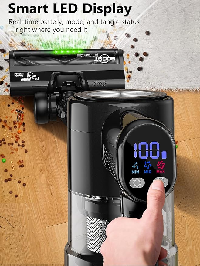 Cordless Vacuum Cleaner 46Kpa/55 Mins Vacuum Cleaners for Home Self-Standing Stick Vacuum with Rechargeable DockLED Display &amp Anti-TangleLightweight Vacuum for CarpetFloor (Pure Black)