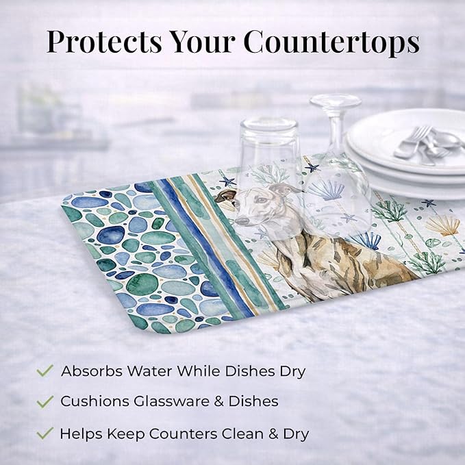 Caroline's Treasures Brindle Whippet Coastal Sea Glass Dish Drying Mat Absorbent Dish Drying Mat Pad for Kitchen Counter Dish Drainer Mat for Countertop 14 x 21 Multicolor