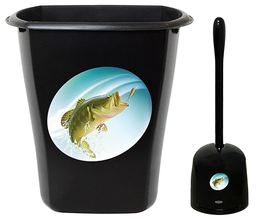 2-pc Set! Black 3 Gallon Trash Can and a Toilet Cleaner Brush Featuring a Choice of Your Novelty Theme Logo! (Bass)