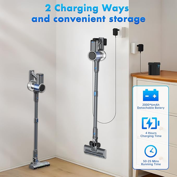 ECOHOME Cordless Vacuum Cleaner Anti-Tangle &amp Wall Mount Charging30Kpa/50Min Vacuum Cleaners for HomeStick Vacuum with LED Display8 in 1 Lightweight Vacuum for Hard Floors Carpet Pet Hair