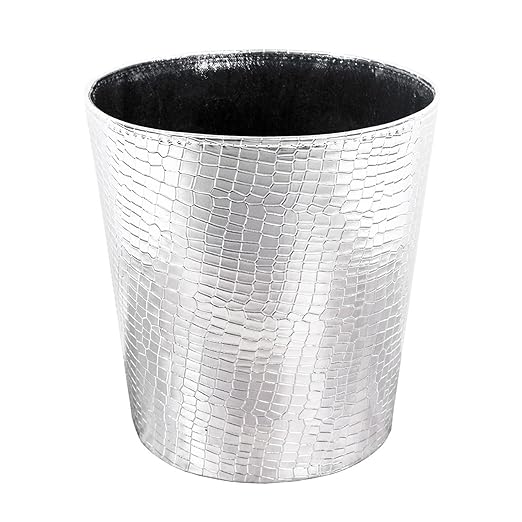 Leather Trash Can Decorative Waste Basket 10L Capacity Small Waste Paper Basket Waterproof Garbage Can for Bathroom Bedroom Office Kitchen and Living Room - Silver