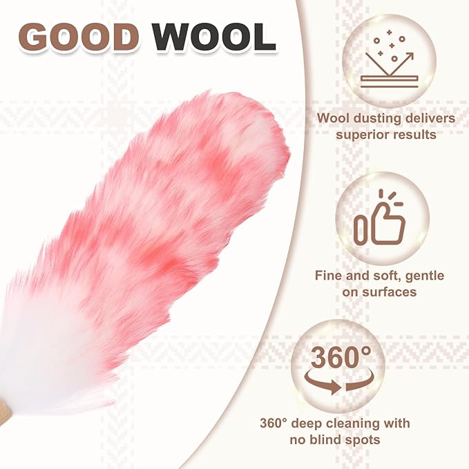 uxcell Wool Duster 24.4 Natural Feather Cleaner Household Cleaning Duster with Solid Wooden Handle for Cleaning Fans Window Blinds Shelves Furniture White Pink