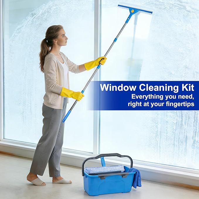 Professional Window Cleaning Kit Window Washing Kit with 3 Gallon Bucket 14-Inch Squeegee &amp 15-Inch Scrubber 61-Inch Extendable Pole Window Cleaning Equipment for Home &amp Commercial Use