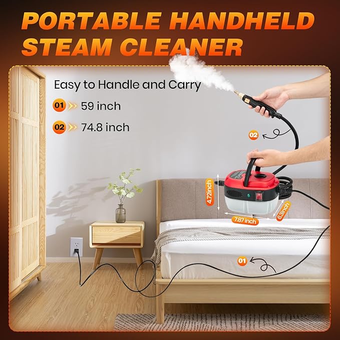 2500W Handheld Steam Cleaner 10S Rapid Heating Steamer with 6 Adjustable Levels 36oz Large Capacity Water Tank Portable High-Power Steam Cleaner for Home Kitchen Bathroom Floor Car