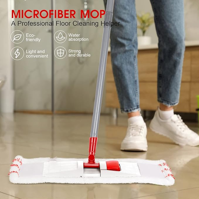 MASTERTOP Microfiber Mop for Floor Cleaning Flat Dust Mop for Home and Kitchen Adjustable Stainless Steel Handle with 4 Washable Mop Pads Hardwood Floor Mop for Wood Vinyl 1 Cleaning Scraper