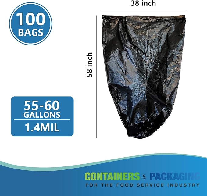 55-60 Gallons Trash Bags 100 Bags Jumbo Large 58 x 38 Inch Tall Black Garbage Bags 1.4 Millimeter 10 Rolls Heavy Duty Thickened Waste Bags Ideal for Home Kitchen Restaurant Office Garden