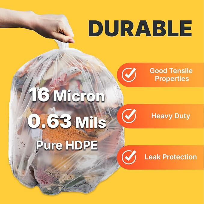 33 Gallon Trash Bags 16 Micron High Density Pure HDPE Garbage Can Liners Bulk 33 x 40 Natural Clear 250 Count