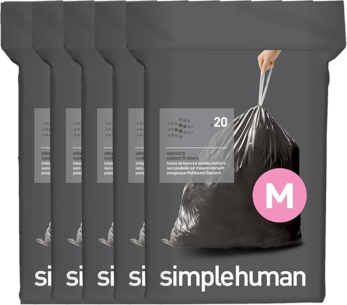 simplehuman Code M 100 Count Odorsorb Custom Fit Liners Drawstring Odor Absorbing Trash Bags One-by-One Mess-Free Dispense Extra Thick &amp Double Seamed 50% PCR Plastic 45 Liter / 12 Gallon