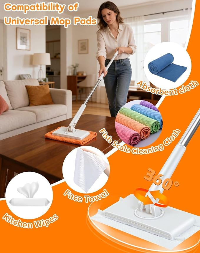 Snap Grip Mini Mop Cloth Changing Mini Mop Magic Cleaning Cloth 5 Automatic Gripping or Releasing 360° Rotating Head &amp Universal CompatibilityWet/Dry Use for Multi Cleaning(White 5 Cloth)