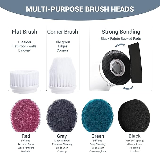 AIRSEE Electric Spin Scrubber Cordless Power Rotating Brush 2 Speeds 6 Replaceable Brush Heads Handheld Shower Bathroom Scrubber for Cleaning Floors Windows Bathtubs Tiles Sink Car