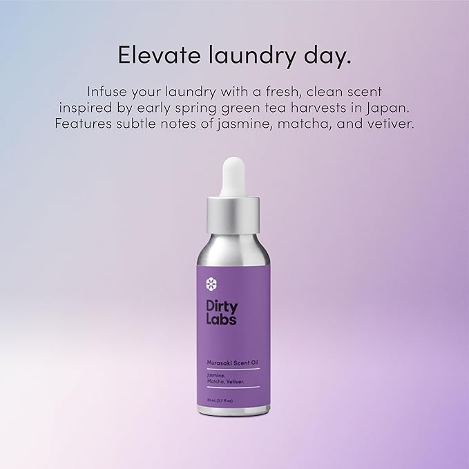Dirty Labs | Murasaki Scent | Laundry Fragrance Oil and Glass Dropper | 80mL (2.7 fl oz) | Jasmine Matcha and Vetiver Blend | Laundry Scent Booster | Pairs with Dryer Balls | Hypoallergenic
