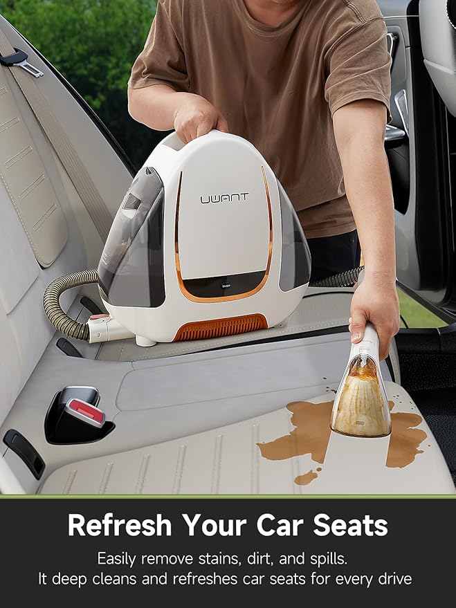 uwant Portable Carpet &amp Upholstery Cleaner Machine 15Kpa Powerful Suction Small Handheld Cleaner Carpet Shampooer for Rug Couch Furniture Pet Stains Car Auto Detailer B100 White and Orang