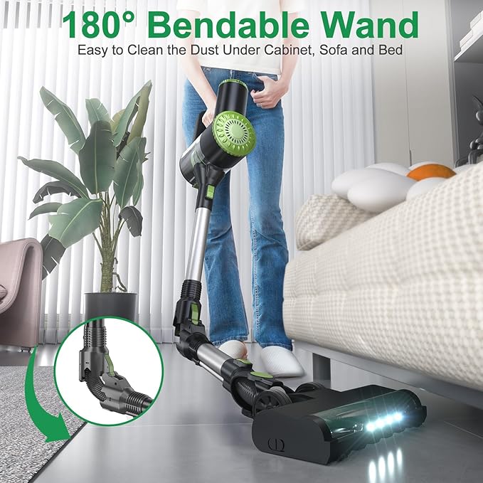 Cordless Vacuum Cleaner Lightweight Stick Vacuum Cleaner 6 in 1 Self-Standing with Powerful Suction 180° Bendable Wand Rechargeable Cordless Vacuum for Hardwood Floor (Green)