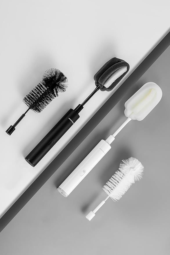 NINESTARS Electric Baby Bottle Cleaning Brush w/Sponge Brush &amp Bristle Head Long-Lasting Battery Electric Bottle Cleaner for All Families New Mom Time Saving Household Cleaning Tool (Black Meta