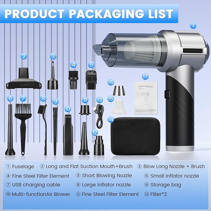 Car Vacuum Portable Cordless with 18000PA Super Suction 4 in 1 Portable Air Blower/Car Vacuum 90°Foldable Handheld Rechargeable Brushless Motor Gifts for Valentine's Day for Home PC