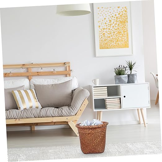 1pc Straw Woven Wastebasket Natural Design Office Trash Container Home Trash Can