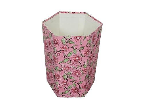 Handmade Cotton Paper Waste Basket Stylish Trash Can for Home or Office (1 Pink FLOWAR)