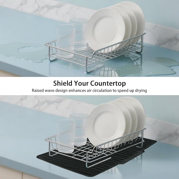 2 Pcs Extra Large Silicone Dish Drying Mat with Drain Lip 23.6 x 19 Inch Dish Drainer Liner Rubber Counter Drying Pad for Kitchen Sink Drawer (Black)
