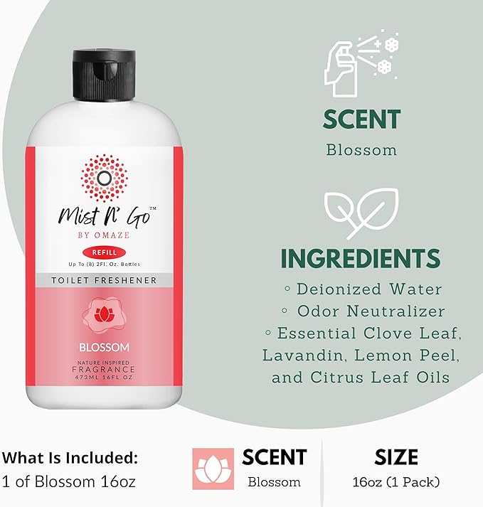 Mist N' Go by OMAZE Bathroom Odor Spray for Toilet Spray Refill Bottle - Multitasking Toilet Spray - Bathroom Spray Odor Eliminator for Strong Odors | Blossom 16oz (1 Pack)