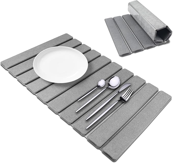 Stone Dish Drying Mat for Kitchen Counter 24x16 Collapsible Large Stone Dish Drying Mat Eco-Friendly Absorbent Diatomaceous Earth Mats for Cups Dishes Bottles(Medium grey)