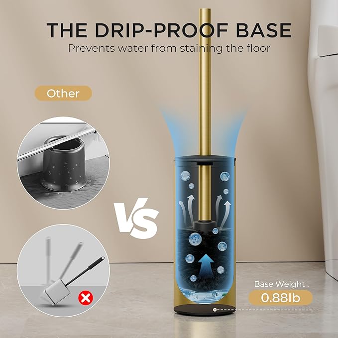 FORIOUS Toilet Brush and Holder Set 304 Stainless Steel Long Handle and Heavy Duty Base for Bathroom Deep Cleaning Drip-Proof Space Saving for Storage 2 Toilet Bowl Brush Head Dark Gold