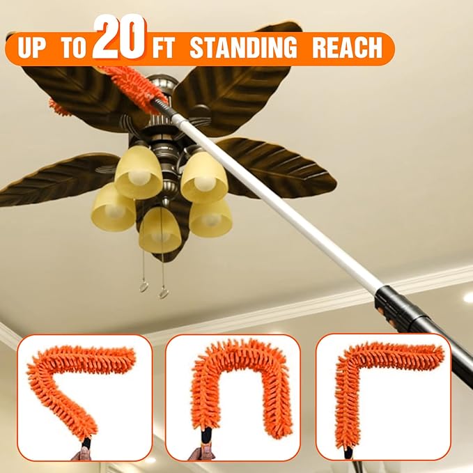20FT High Reach Duster Cleaning Kit with Extension Pole High Ceiling Fan Cleaner Duster Tool for Fan Blades Window Washing Kit with Microfiber Feather Duster &amp Window Squeegee