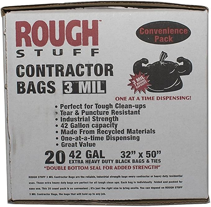 Heavy Duty Professional Quality Contractor Trash Bag 42 Gallon Capacity 50 Length X 32 Width X 3 Mil Thick 7 Bushel Capacity Black (Case of 20)
