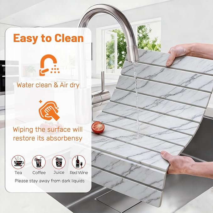 Dish Drying Mats Large 24x16 Inch Diatomaceous Earth Drying Mat / Fast-AbsorbingNon-Slip Stone Drying Mat For Kitchen Counter / Eco-Friendly for Dishes (Gray Marble)