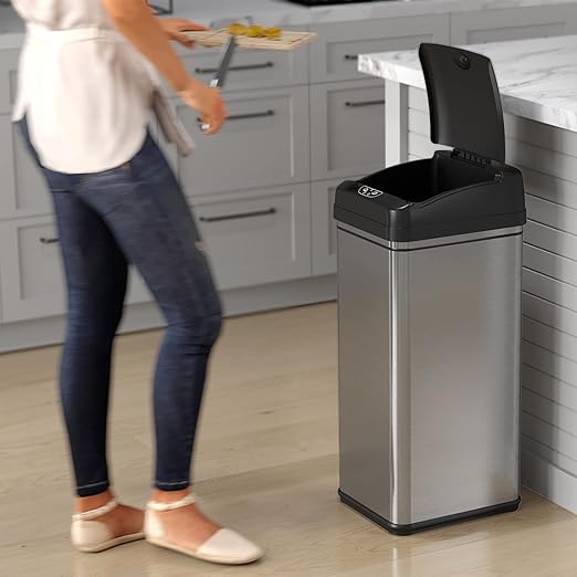 iTouchless Automatic Trash Can with AC Adapter and 3 Odor Filters Big Lid Opening Touchless Sensor Kitchen Trash Bin 13 Gallon Stainless Steel