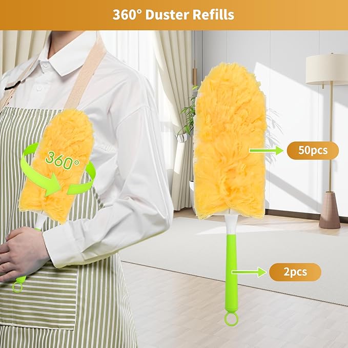 50 Pack Duster Refill for Swiffer Duster 360 Heavy Duty Duster Kit with 2 Handle Multi-Surface Disposable Dusters Refills for Cleaning Corner Furniture Car Blinds
