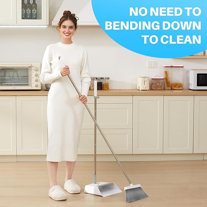 JOYMOOP White Broom and Dustpan Set Upright Angle Design with Built-in Comb Teeth for Kitchen Office Pet Hair Hard Floors