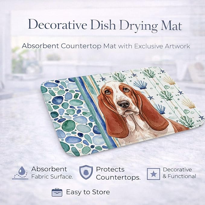 Caroline's Treasures Red and White Basset Hound Coastal Sea Glass Dish Drying Mat Absorbent Dish Drying Mat Pad for Kitchen Counter Dish Drainer Mat for Countertop 14 x 21 Multicolor