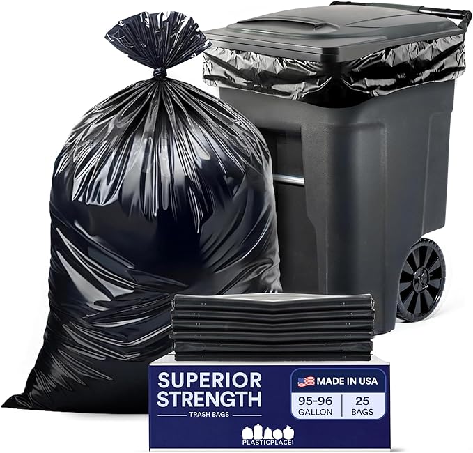 Plasticplace 95-96 gallon Garbage Can Liners │ 3 Mil │ Black Heavy Duty Trash Bags │ 61” x 68” 25 Count (Pack of 1)