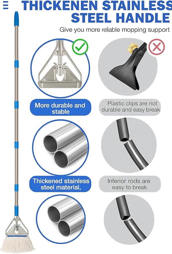 Heavy‑Duty Looped‑End String Wet Mop with Extra Mop Head – 59″ Stainless Steel Pole Large 450 g Cotton Yarn Head for Commercial &amp Industrial Cleaning with Extra Mop Head