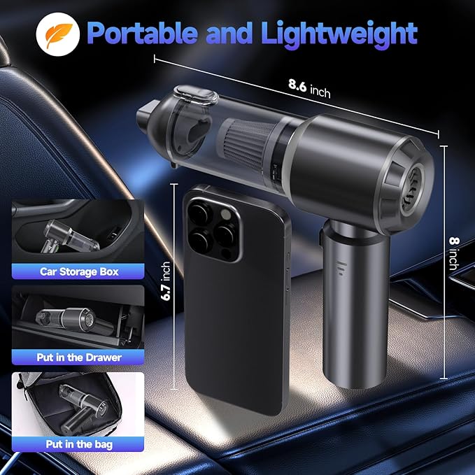 Car Vacuum Portable Cordless Small Handheld Vacuum Cleaner with 24000PA High Power Suction Mini Vacuum Cordless Rechargeable with One-Touch Empty 10-in-1 Hand Vac for Car Home Office Dust