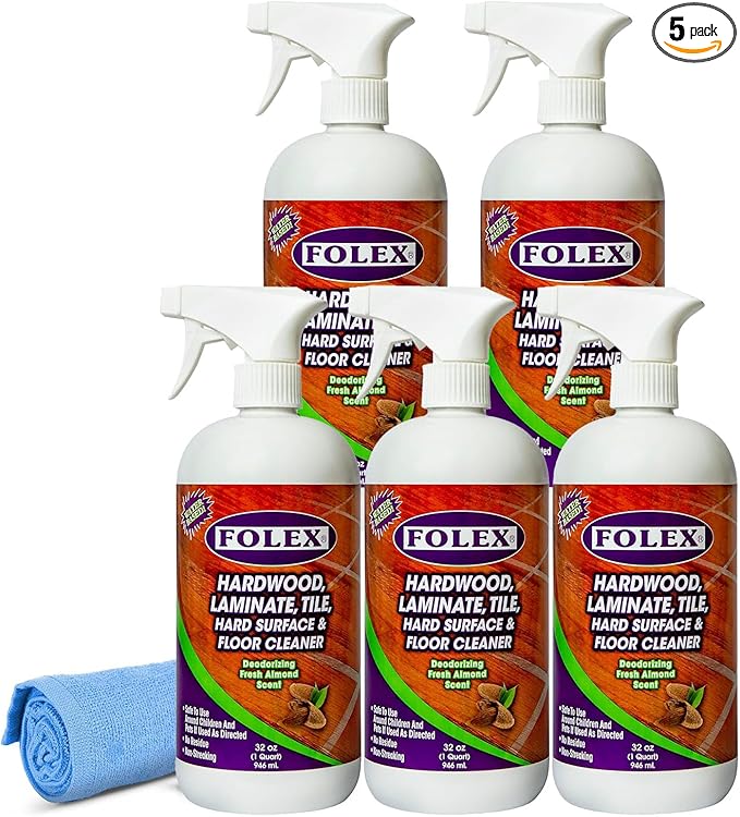 FOLEX Hardwood Laminate Tile Hard Surface &amp Floor Cleaner with Reusable Cleaning Cloth Fresh Almond Scent Residue and Streak Free - 5 Pack